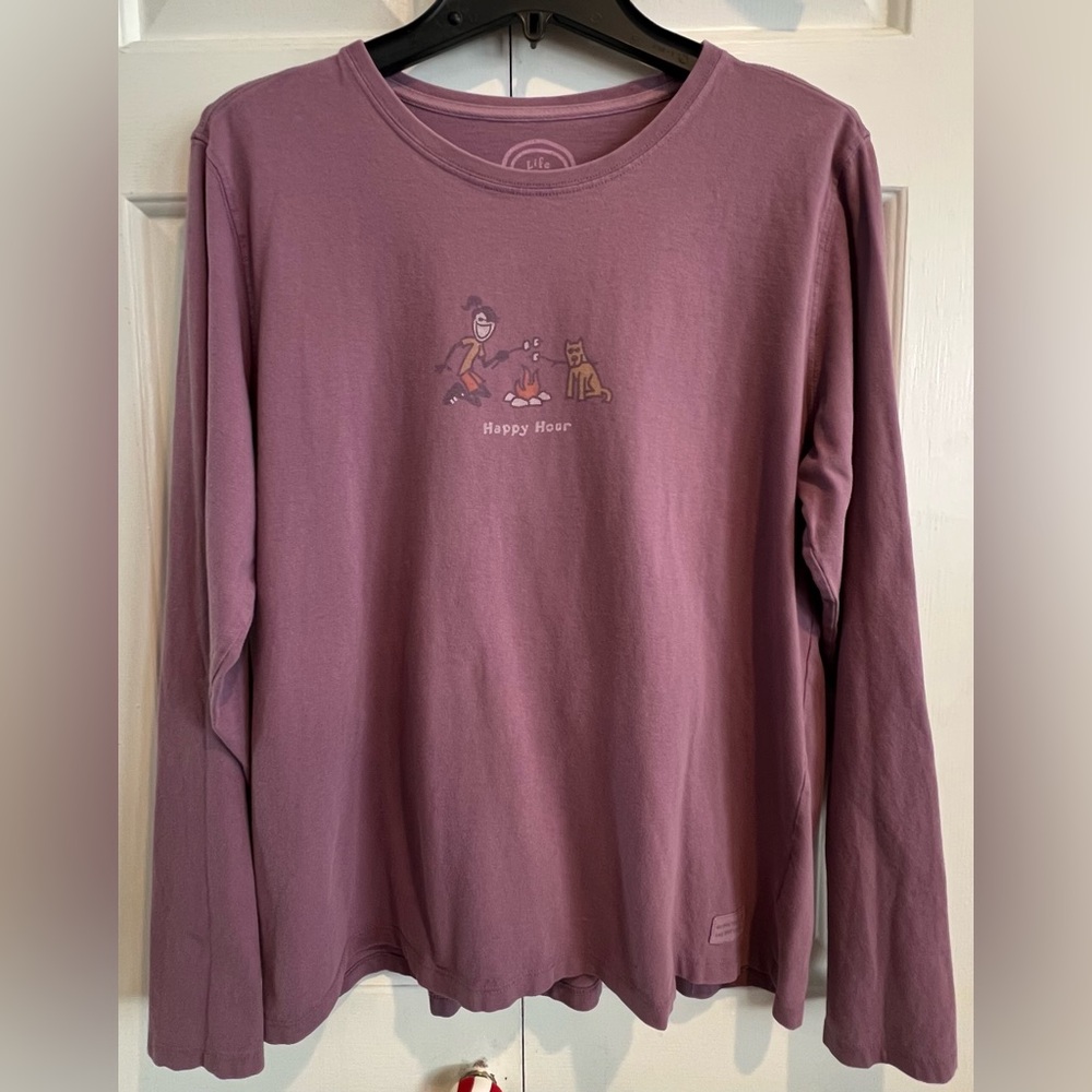 Life Is Good🐶 Mauve, Long Sleeve Tee “ Happy Hour”, Relaxed Fit, Girl & her Dog - Picture 2 of 8